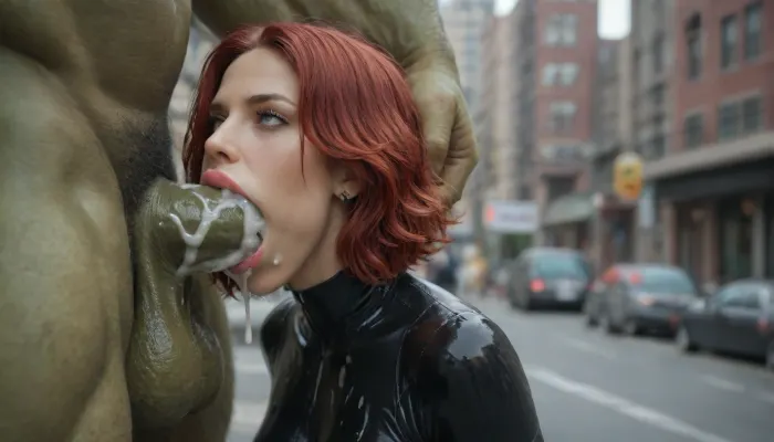 (masterpiece), (ultra high definition), Slim hourglass body Black Widow from Marvel Avengers face fucked by 1 huge intense green furious mad Hulk with a super huge gigantic dick, in a destroyed New York city background, gagging cum, (enormous hulk dick is too big for her mouth), (enormous hulk dick barely fit), black latex suit, mouth penetration, hyper mouth cum explosion, hyper anal cum explosion, hyper cum dripping from pussy, (enormous gigantic hulk cock fucking face), (super huge lips), face fuck, oral sex, (((straight short deep-red hair)))