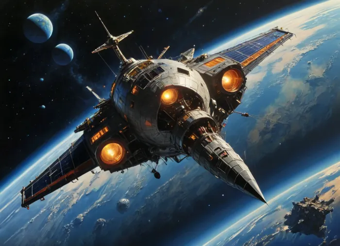 enormous 1970's science fiction solar sailor drifting through the emptiness of deep space, Chris Foss, John Berkey, Peter Elson, <lora:xl_more_art-full_v1:.8>, <lora:add-detail-xl:.8>, <lora:detailed_notrigger:.8>