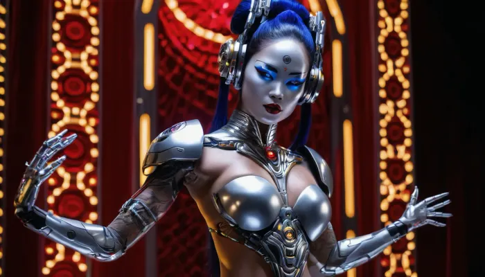 Shining silver skinned alien cyber-geisha, ((silver skin:1.7)), with traditional Japanese geisha hairstyle, dancing nude in a stage, ((cyborg woman:1.7)), huge breasts, ((fully nude, fully naked:1)), ((dark blue hair, bright golden lips, ruby nipples)), glowing bright blue eyes, holding a metal fan, dancing, insanely detailed, whole body in the frame, super detailed image, 4K quality