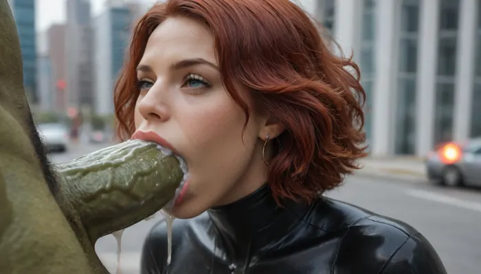 (masterpiece), (ultra high definition), Slim hourglass body Black Widow from Marvel Avengers face fucked by 1 huge intense green furious mad Hulk with a super huge gigantic dick, in a destroyed New York city background, gagging cum, (enormous hulk dick is too big for her mouth), (enormous hulk dick barely fit), black latex suit, mouth penetration, hyper mouth cum explosion, hyper anal cum explosion, hyper cum dripping from pussy, (enormous gigantic hulk cock fucking face), (super huge lips), face fuck, oral sex, (((straight short deep-red hair)))