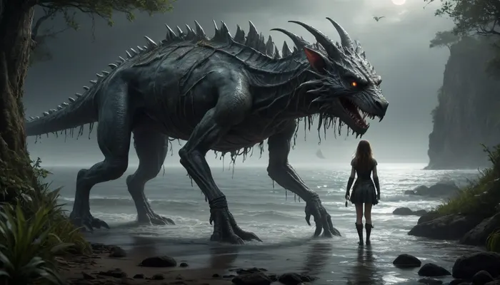 The scene is made on the ocean shore with vegetation in the style of dark fantasy-a dystopia with a very detailed and atmospheric environment. The world in the water is magically infected with glowing anomalies, perverted nature, and the remnants of vanished civilizations. The light is unnatural, casting eerie shadows . Creature girl and characters \ \ mystical, hybrid, animal-like anthropomorphic creatures with dangerous or wild traits. The art style combines elements of medieval fantasy.