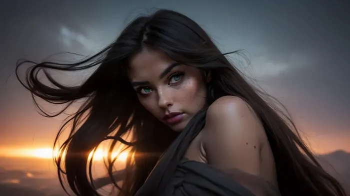 a coquettish woman with a very long hair, topless, chaotic snow, scribbled lines, surrender, polychromatic, anthropomorphic, humanoid, diffuse subsurface scattering, tight tiny breasts, realistic highly detailed large beautiful crystal eyes with light glowing {brown, blue, green} iris, heartshaped lips, freckles, lip gloss, aroused skin, olive skin, dramatic sunrise, ground-fog, fog, (blackened darkness mood), (worm´s-eye view), #KITTYART