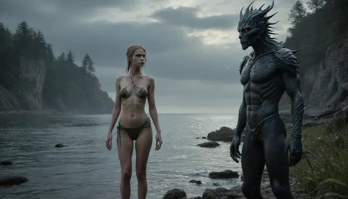 The scene is made on the ocean shore with vegetation in the style of dark fantasy-a dystopia with a very detailed and atmospheric environment. The world in the water is magically infected with glowing anomalies, perverted nature, and the remnants of vanished civilizations. The light is unnatural, casting eerie shadows . Creature sexy girl and characters \ \ mystical, hybrid, animal-like anthropomorphic creatures with dangerous or wild traits. The art style combines elements of medieval fantasy.