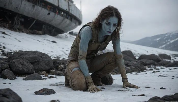 halfnude blue skinned alien female in torn space jumpsuit crawling through the snow, prostrated, wrecked, wounded, helpless, her broken wrecked space ship in background, not human, alien body, alien proportion, alien anatomy, green blood, (full-length image:1.3)
