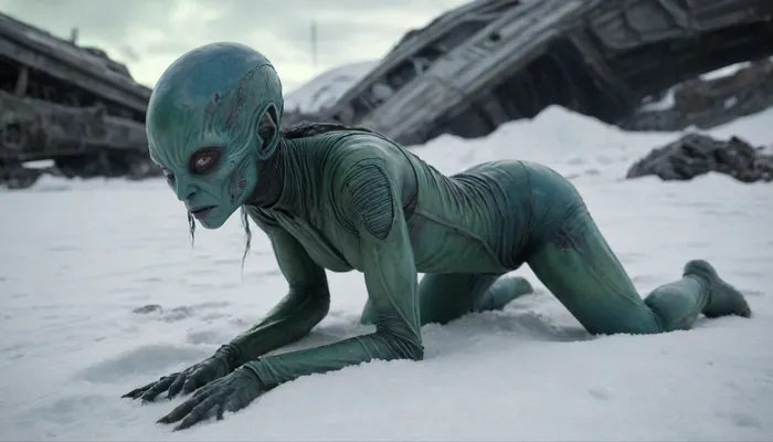 halfnude blue skinned alien female in torn space jumpsuit crawling through the snow, prostrated, wrecked, wounded, helpless, her broken wrecked space ship in background, not human, alien body, alien proportion, alien anatomy, green blood