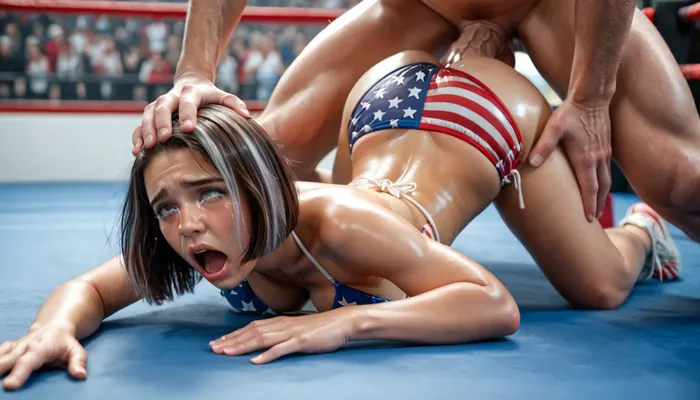 8k, uhd, photorealistic, (1man, 1woman), (closely surrounded by spectators a curvy woman wearing a shiny American flag bikini is wrestling against a larger and lean young man, the man has defeated and humiliated the brunette woman and is fucking her pussy from behind:1.2), (curvy), (shiny bikini), (cute bob haircut, brunette with silver highlights), (glistening skin:1.1), (ass up, head down, on knees, ankles far apart, foot on head:1.3), (tears, pleasure, moaning, orgasm:1.3), (tits out:1.1), (thick veiny cock:1.2), (cock in pussy:1.2), (spectators very close), (close view of face:1.3), <lora:BUT_SDXL_SHS:.9>, <lora:add-detail-xl:.5>, <lora:DetailedEyes_V3:.4>