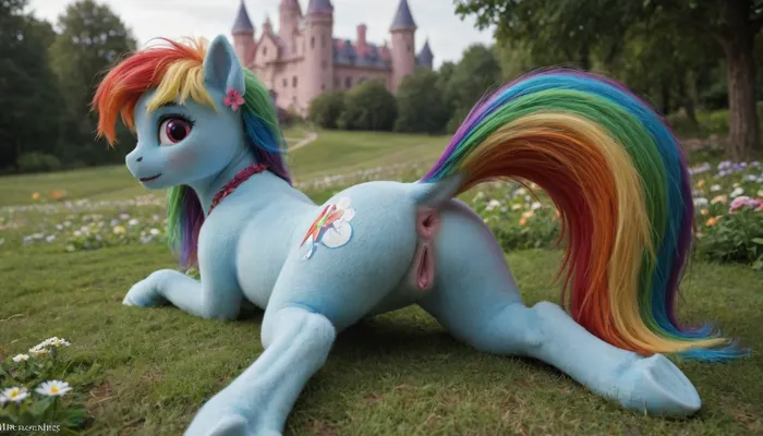 (Masterpiece), Pony creature from My Little Pony, teasing her pussy and anus, spreading anus by viewer hand, shes looking back, blue fur pony creature with rainbow hair, (surprised facial expression), fantasy shiny pink castle outdoor with fantasy flower grass background