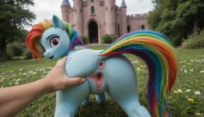 (Masterpiece), Pony creature from My Little Pony, teasing her pussy and anus, spreading anus by guy hand, shes looking back, blue fur pony creature with rainbow hair, (surprised facial expression), (from behind spreading anus view), fantasy shiny pink castle outdoor with fantasy flower grass background