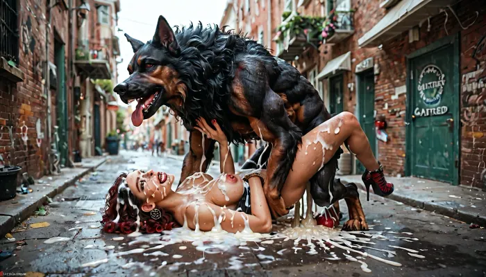 Passed out party girl in an alleyway having dirty sex with a big dicked werewolf Missionary possition. Excessive cum on woman's face. A big dog is fucking her face with its big red knotted dog dick.