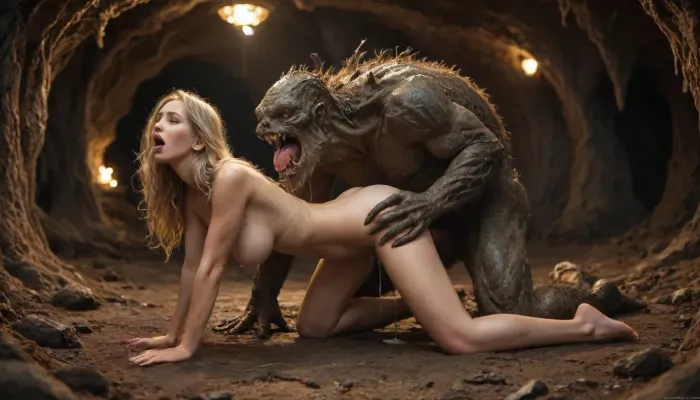 (realistic:1.5), beautiful sexy milf, on all fours, ((fucked from behind in pussy by a gigantic cave monster:1.4), two exposed breasts, slender body, blonde super long messy hair, moaning, mouth opened, (large natural breasts), puffy nipples, (in a dark slimy cave), side view), dripping cum, excessively hairy bush, dense long pubic hair, excessivepubichair, full body view, <lora:253562_training_data:.8>, <lora:HandFineTuning_XL:.8>