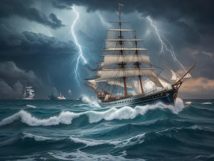 Seascape, ship on the high seas, storm, high waves, colored ink Mikhail Garmash, Louis Jover, Victor Cheleg, Damien Hirst, Ivan Aizovsky, Claude Joseph Vernet, broken glass effect, no background, amazing, vintage sailing ship, a strong storm, huge frothy waves, thunderclouds covered the entire sky, lightning flashes on the horizon, energy, molecular, textures, shimmering and luminescent colors, breathtaking beauty, pure perfection, divine presence, unforgettable, impressive, three-dimensional light, auras, rays, vibrant colors, Broken Glass effect, stunning, sea, undersea
