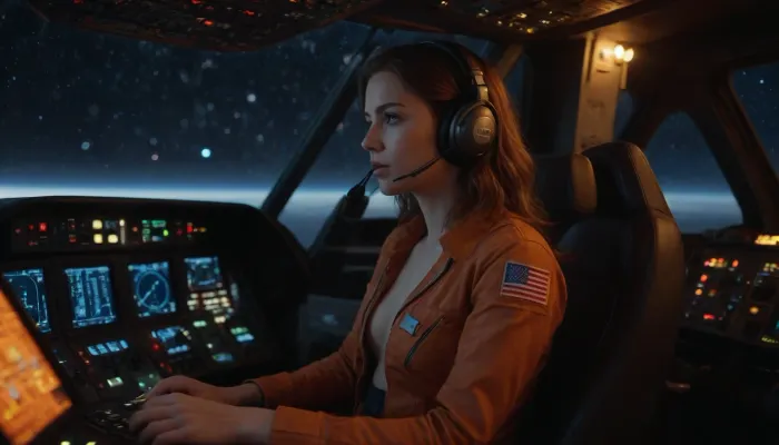 Beautiful young girl, in unbuttoned jumpsuit, sitting in the pilot's seat at the control panel of a spaceship, Milky Way and stars are visible behind the cockpit, full-length photo, profile view, 8K quality, super detailed image