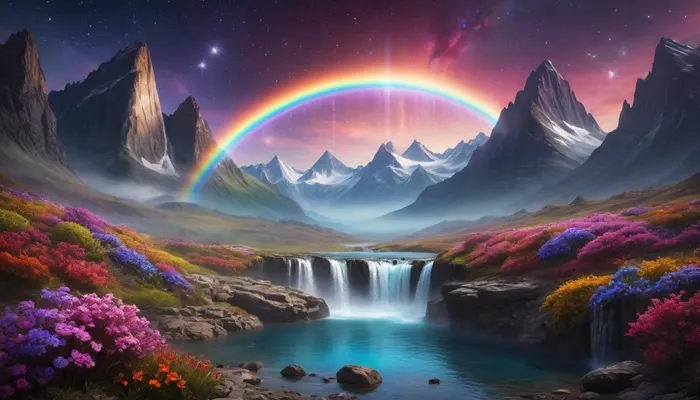 Surreal alien landscape, colorful glowing flowers of crystal, rainbow waterfall off a floating mountain, stars and florescent nebula