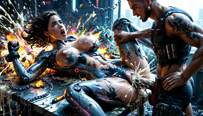 In a dystopian neon-lit city, a heavily augmented ginger female android with glowing cybernetic eyes and body modifications is captured by a gang of ruthless mercenaries. They drag her into their hideout and chain her to a metal table, ripping off her tight-fitting bodysuit to expose her perfect synthetic body.The mercenaries taunt and grope the helpless android, roughly squeezing her firm breasts and probing her artificial orifices. One of the mercenaries, a hulking cyborg with a massive robotic phallus, steps forward and brutally penetrates the android's vaginal opening, (((man exploding:1.6))), (((cum exploding:1.6))), causing her to spark and glitch from the force.The android writhes and struggles against her restraints, her systems overwhelmed by the violent assault. The cyborg mercilessly pounds into her, stretching her artificial pussy to its limits while the other mercenaries watch with twisted glee. Tears of machine oil stream down the android's face as her body is defiled and damaged by the relentless cyber-rape.Tags, 1girl, 1boy, android, cyborg, rape, vaginal, crying, tears, struggle, cyberpunk, augmentations, bodysuit, torn_clothes, massive breasts, large_insertion, cum, machine_oil, chains, metal_table, hideout, neon, score_9, ral-vlntxplzn, <lora:ral-vlntxplzn-sdxl:1.3>, <lora:Microwaist_XL_v01:1.2>, <lora:MJ52:.8>, <lora:xl_more_art-full_v1:.5>