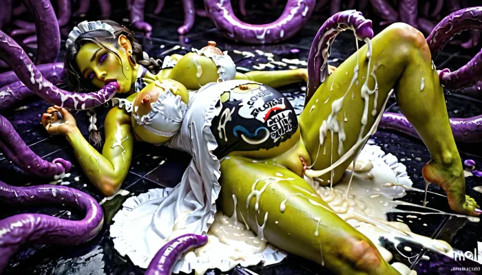 Beautiful goblin woman pregnant., green skin, large breasts. Hair in braids. Milk maid dress. Breasts exposed. Laying on floor. Surrounded by purple tentacles. Goblin woman is kissing Thick Purple tentacles. Vagina leaking cum onto floor . Tentacles ejaculating everywhere. Excessive cum