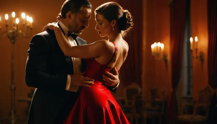 Tango is the dance of passion. Super sexy dress, a strap from one shoulder fell down, (one breast is naked:.8), the whole body in kare, quality 8K