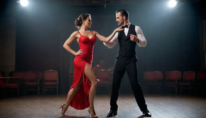 Tango is the dance of passion. Super sexy dress, a strap from one shoulder fell down, (one breast is naked:.8), the whole body in kare, quality 8K
