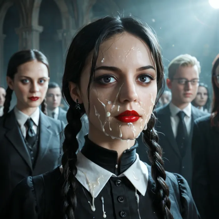 facing camara, 1 girl solo, sppoky moonlight mansion in distance, (intricate detailed Wednesday Addams face), intensely proud expression, (huge dark eyes with detailed black iris:1.2), dark bllod red lipstick detailed high collar buttoned black gothic top, very long very thick black briaded pigtails hair, several strings of thick lumpy white cum splashed across her face, after messy bukkake, several strings of thick lumpy white cum splashed over her hair, cum dripping, high detail, sharp focus, perfect lighting, awesome, dslr, 4k high quality. extra detail, extra sharp, magical, perfect moment, natural skin, pores, w3dn3sd4y, <lora:Wednesday-Jenna SDXL1.0:.8>