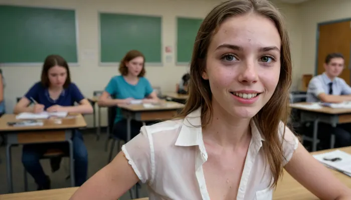 a cute tall 18 y/o english girl, medium tits showing, (open shirt, no bra), lascivious scmile, students with working at their desk in a classroom, realistic faces, wide angle 10 mm, (gooey cum sprayed on face:1.4)