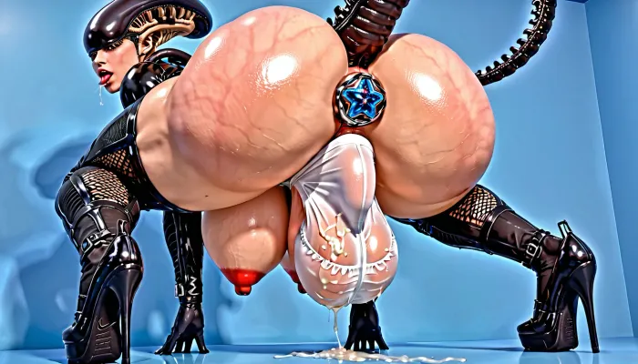 1 person only, (white Xeno, xenomorph), latex, full body view, eye contact, silver latex body mesh, 95% silver translucent body mesh, big breasts, (pants bulge, bulge, massive penis bulge, massive testicles bulge, popping through, massive bulge), ((huge erect penis bulge in her latex body mesh, penis bulge)), muscular quads, muscular calfs, veiny boobs, legs spread, bubble butt, (fingering a femboy yiff), red nipples, black gloves, black high heels, black see-through thigh high sock, butt lift, putt plug, veiny body, crouched, orgasm face, dribbling semen, gold sholder pads, thigh straps, semen bulge, pale blue background, massive semen everywhere, white xenomorph, xenofuta, xenofemboy, cum needy, simplelatexdress, pink, bodysuit, shrug, (clothing\), long, sleeves, Latex, female, xenomorph, penis shaped tail, xenowaifu, ((hyper massive aerolas)), Nike, Pro, Leggings, Shorts, low angle l, crouched angle, close angle, anal stretching, swollen anus, <lora:LeggingsXL_-_Latex.ID:2>, <lora:LatexXLv11:2>, <lora:female_xenomorph_sdxl_V2:2>, <lora:bulgev1-beta:2>, <lora:Leggings:2>