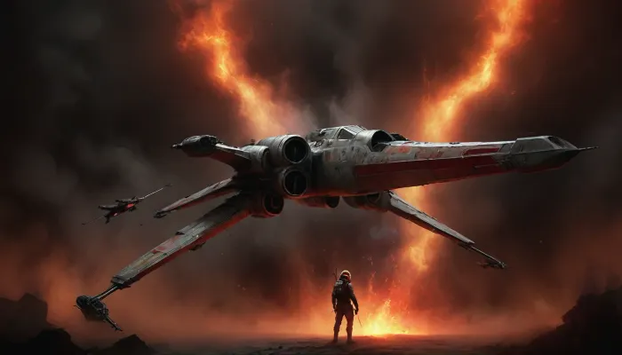 Star Wars setting. spaceport on a desert planet, a burning combat spaceship, (X-Wing:2), (full body view:1.8), sexy female X-Wing pilot hiding in dynamic laser-gun combat in front of an exploding and crashing X-wing. She looks slender, flat-chested, well armed, blonde, her pilot suit, completely torn to shreds, shows the beauty of her naked body, background, burning, crashing X-wing surrounded of thick smoke and flames, (smoke:1.8), (fire and flames:1.8), Black, and, white, art, black, shading, charcoal, toned, brutal, dark, b/w, color, scheme, X-wing, SMKY, cloudy, smoke, atmospheric, clouds, fog, <lora:Hell_Constantine_2005_-_Anime:.9>, <lora:Black and white art.V1:.5>, <lora:X-wing - XL:1.7>, <lora:Cloudy_Style:.7>, <lora:NaturalBodyV2.0:.8>