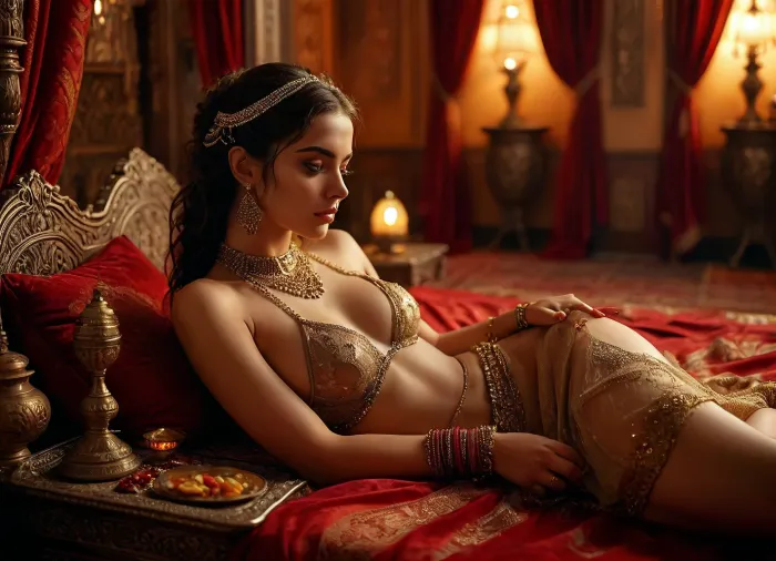 Rating_explicit, score_9, score_8_up, score_7_up, (masterpiece, ultra-detailed, erotic glamour), an exotic harem girl lying on velvet cushions in a luxurious Middle Eastern room, wearing a sheer, translucent silk veil and jewelry, golden chains and coins draped across her body, sensual pose, warm soft candlelight, oil lamps casting shadows, fruits on silver trays, intricate carved arches, red velvet drapes in the background, intense seductive gaze, henna tattoos on hands and feet, cinematic erotic lighting, photorealistic, 8k, fantasy atmosphere, <lora:MJ52:.8>