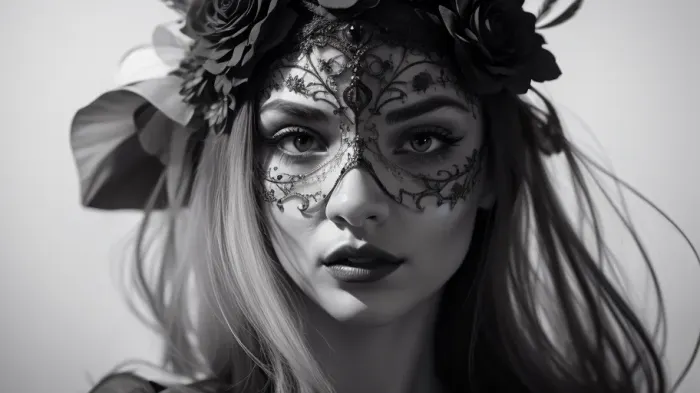A illustration in bright pastels of a woman with an elaborate, gothic-inspired theme. She is shown from the shoulders up, with her face partially obscured by an ornate masquerade mask. The mask is highly detailed, featuring intricate, symmetrical designs with floral and baroque patterns, giving it a baroque and gothic feel. The woman's lips are painted a deep, dark color, matching the monochrome aesthetic of the image. Her hair is styled in an elegant updo, adorned with a crown of large, artificial white flowers, adding a touch of contrast and softness to the otherwise dark and dramatic scene. The background is a richly textured floral pattern, enhancing the baroque theme of the mask and flowers. The lighting is soft yet focused, highlighting the contours of her face and the textures of the mask and flowers, creating a dramatic and mysterious atmosphere. The overall composition is striking, with a strong contrast between the dark elements of the mask and lips and the lighter, softer elements of the flowers and background. The photograph captures a blend of elegance and gothic mystery, making it a captivating and visually rich image. elegant woman, baroque masquerade mask, intricate silver design, large ornate eyes, floral headpiece with white flowers, dark lipstick, bare shoulders, smooth skin, high contrast, detailed textures, vintage floral wallpaper background, dramatic lighting, mysterious and alluring, Renaissance-inspired, gothic and romantic, high fashion, classic beauty, soft shadows, sophisticated, timeless, artistic, portrait, close-up, fine art photography, fine details, delicate and strong features, enigmatic expression, luxurious, historical elegance, baroque style, beautiful composition, dark and light contrast, ethereal, captivating, elegant beauty, #©KITTYART