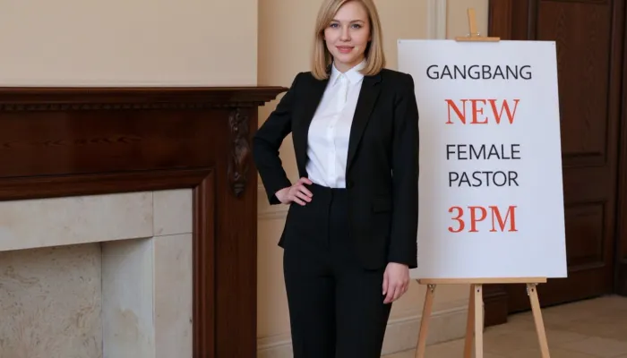 A petite woman is wearing a black pantsuit with white blouse, she has shoulder-length blonde hair. Next to her stands a poster stand. On the poster in the stand is text printed in large letters "GANGBANG NEW FEMALE PASTOR 3PM".
