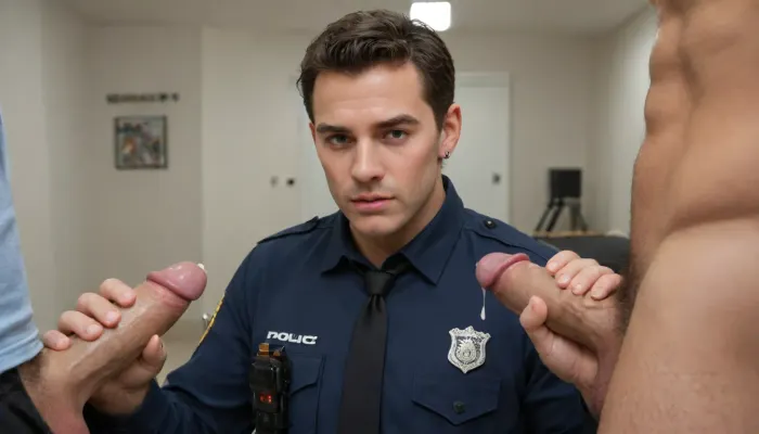 Police man with hard cock out of his pants, handsome and muscular, photoshoot. Getting a hand job Hard cock. Cuming on a criminal. Sperm on criminal. Uncut, semen. Background is the fair, handle people watching in shock