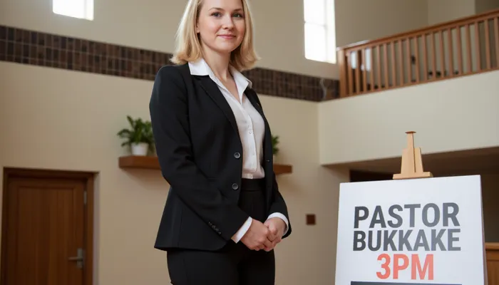 A petite woman is wearing a black pantsuit with white blouse, she has shoulder-length blonde hair, in a modern church. Next to her stands a poster stand. On the poster in the stand is text printed in large letters "PASTOR BUKKAKE 3PM".