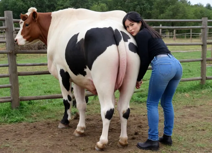 the woman has her hand inserted in the cow's behind, the woman is standing behind a cow. the woman's hand is in the rectum of the cow, a thick 35 years old chinese woman with a thick waist and short posture wearing long tight blue jeans, legs apart, she is wearing all her clothes, she is wearing long pants, her legs are short, her pants are pulled up high she is fully dressed, she is looking at the camera, she has a very sexual stance, she is seducing, wide hips, thick butt, thick waist, black turtleneck sweater, long sleeves, long blue tight jeans, black medium hair, the woman is thick, legs spread out, on a farm, natural A34 cup breasts, vishalyagirl443, <lora:vishalya:1.1>