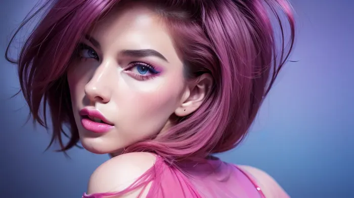 A popart illustration of a adult beautiful slender woman. She has a fair complexion and her hair is styled in a sleek, straight look. Her eyes are a deep blue color and her eyebrows are a lighter shade of blue. She is wearing a pair of pink lipstick and her lips are painted a soft pink. The background of the image is black. The overall color scheme is bright and vibrant, with shades of pink, purple, and blue. long shadows, dreamy mood, detailed photo, photorealistic photo, realistic pretty women photo, distorted perspective, night vision, soft fokus, overexposure, parallax, #©KITTYART