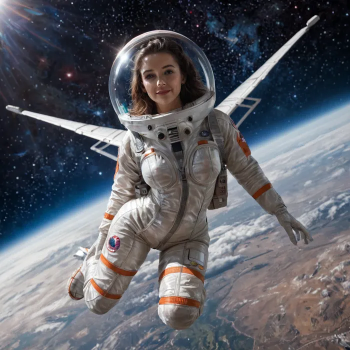 Super realistic, super detailed, super beautiful, perfect anatomy, 25yo brunette, ((looking at viewer)), (silicone boobs), detailed background, (wearing transparent plastic space suit with spherical space helmet), (girl flying with jetpack in space), (in the background a giant alien spaceship powered by solar sails), full body, tits visible, pussy visible, (transparent plastic spacesuit:.8)