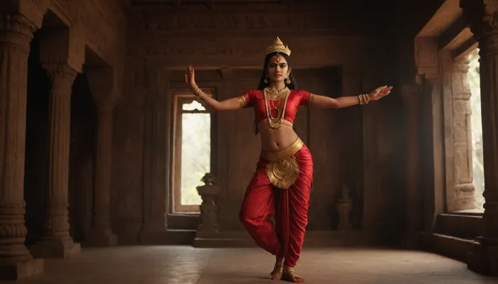 Indian goddess Kali dances bharatanatyam in an ancient Indian temple, full body view, quality 8K