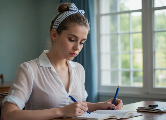 The image shows a young woman sitting at a table with an open notebook in front of her. She is wearing a very very wide opened transparent light white blouse and no bra under it, (her left titt is falling out of her blouse. other titt is looking half outside), Her delicate and petite skin shines through the transparent blouse, making all the contours of her body look and feel very aesthetic. Her hard nipples stand out. you can see in her face that she likes it to be exposed. she bite on her lips like a horny younger girl who is discovering her first expressions with the anatomy of the other sex, she opened more her blouse. Her dark red and 5-Mark-sized hard nipples are very well visible under the blouse and shine through the transparent fabric. her hair is tied up in a bun with a black and white striped headband. The woman is holding a blue pen and appears to be writing in the notebook. The background is blurred, but it seems like she is in a room with a window and curtains. The overall mood of the image is focused and contemplative.