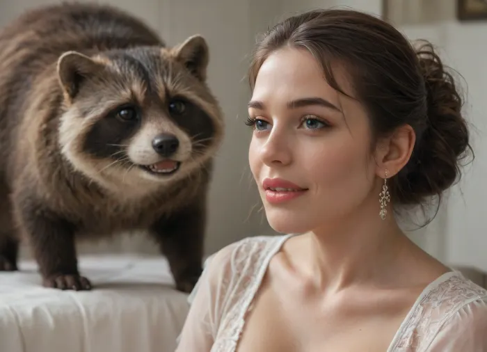 ((dressed)), (hyper realistic), (realistic), (a pet raccoon), 1, best lighting, perfect illumination, (best illumination), (best shadow, best shadows), highres, ultra-detailed, 8K, UHD, highest quality, masterpiece, best quality, (ultra realistic), sharp image, (highly detailed face, (ultra-detailed face)), (realistic mouth, realistic teeth, detailed hair, detail irises), athletic figure, long black curvy hair 25 year old woman in his home clothes, he sits at home in the evening and hugs a very large racoon, big lips, black lipstick, smiled face, natural breasts, big ass, <lora:645756_training_data:1.9>