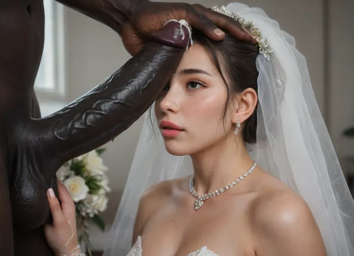 (Black skin muscular man), (very large and thick black cock), monster black cock, ((A close-up of a Korean Bride in wedding dress, Beside her lies a delicate white bridal bouquet)), ., (Thick, glossy white cum with creamy undertones is slowly poured over bride's face and the flowers, dripping down the sides and partially covering the eyes), . The lighting is soft and cinematic, enhancing the shine of the sperm, the texture of the slime, and the dark contrast of the background. The scene feels poetic, artistic, and symbolically messy—blending elegance with surreal distortion., facialized, superfacialized, <lora:facialized:.8>