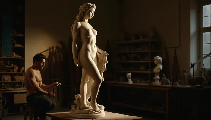 Male, Sculptor creates statue of Galatea, in sculpture studio workshop, full body view, 8K quality