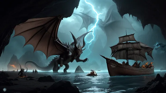 Steampunk illustration, bird's-eye view of a grand battle between Kuo-toa and a dracolich, (((skeleton dragon))), dracolich is standing in the water of the lake. Number of lightning bolts exit from dracolich mouth. Whole scene is inside a huge dark cave, on the lake shore of Sloobludop village, (((Sloobludop stretched along the shore of the Darklake))), in an immense underground cavern dimly lit by phosphorescent fungus, corals, and bioluminescent fish glands. The village boundaries is surrounded on the north and south by high net fences of woven netting. village is constructed with the kuo-toa three-dimensional aquatic sense of geometry in mind, so it appeared like an underwater structure, The roof of the cavern is dark gray, with clouds of smoke from the dracolich below, illuminated by the bright, cold light electric lightening of the dracolich., (((In the far, god Orcus is looking at the battle scene laughing out loud:1.5))), (((A raw canoe is fleeing in the far with 6 persons on bord:1.2))), The atmosphere is intense, dramatic, epic. The style is detailed realism, steampunk, in the spirit of classic Forgotten Realms fantasy illustrations. The depth of field is high, and the focus is on the Kuotoas and dracolich. The color palette is dark tones with bright flashes of fire and a glint of metal. The composition is dynamic and diagonal.

POV from the village will kuo-toa fighting the dracolich