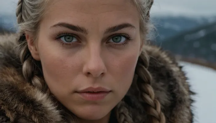 Masterpiece, realistic photography, ultra-realistic, detailed body, detailed face, realistic body, realistic face, green eyes, detailed eyes, realistic eyes, angelic face, viking warrior, viking woman hairstyle, 30 years old, viking braid, silver hair, serious look, distant look, 3/4 view, snowy landscape, background, peaceful face, fur hood, hood put on, woman, viking, viking outfit, realistic outfit, war painting, close-up face, cinematic blur, background blur, large format