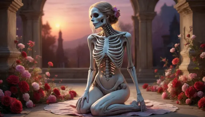 A Macabre and Surreal Illustration of a woman in light pastels depicts a skeletal figure adorned with elaborate floral arrangements that blend elements of the Gothic and Symbolist art movements. Meticulously detailed. Strong contrast between the organic and inorganic. A somber and timeless atmosphere with a hint of nostalgia and history. The light source comes from the front and casts subtle shadows that enhance the three-dimensionality of the bones and flowers. The floral elements are rendered with great attention to detail, their soft petals contrasting with the sharp, angular lines of the skeleton. The flowers add a romantic touch to the work. The texture is smooth with delicate, precise lines and a polished finish. Masterful blend of horror and beauty. Provokes reflection on the transience of life and the inevitability of death.. romantic sunset, red, smoke, colorful and vibrant, mystical colors, iridescent perspective view, sweeping circling composition, non-representational, colors and shapes, expression of feelings, imaginative, long shadows, dreamy mood, detailed photo, photorealistic photo, realistic pretty women photo, realistic night vision, soft fokus, parallax, overexposure, photo style, she kneels, cinematic, filmic, scribbled lines, surrender, polychromatic, diffuse, #©KITTYART