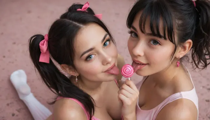 close view from above, two 18 year old innocent cute sporty girls, huge breasts, DD breasts, (((black hair))), (pigtails), (pink ribbons), (((pink clothes))), (((pink and white stripes high socks))), (licking a lollipop), (innocent smile), (standing), (barefoot), close-up view