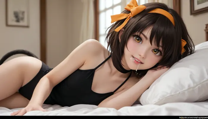 Haruhi suzumiya, orange bow, black cute bunn, (y), ears, black leotard, black bunn, tail, laying on a bed. Cute, devious eyes, smirk, golden eyes, big eyes. Cum in mouth
