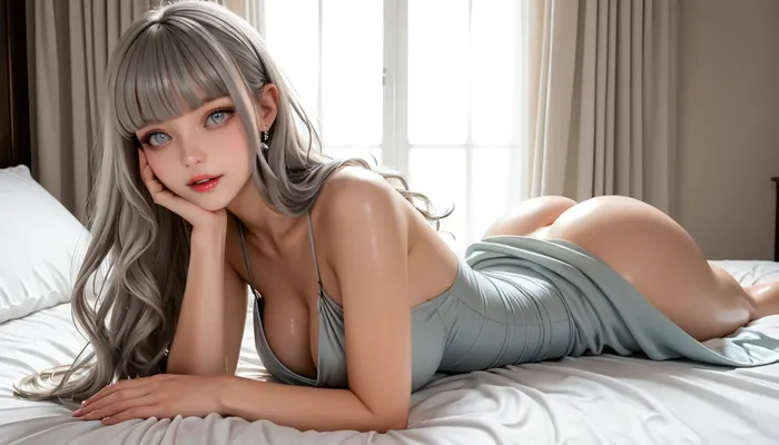 (score_9, score_8_up, sharp focus, masterpiece, perfect eyes), young face, perfect lighting, (best lighting), highest quality, ultra-detailed images, fine details, high resolution, 8k, uncensored, shiny_skin, (bangs messy long grey hair), ncredibly beautiful girl naked, grey hair, long hair, grey eyes, realistic Euro-American face, (Euro-American girl Naked), (body sheen), ((white skin)), (glistening skin), (huge natural breasts), big waist, ((Well-Bulit)), wide hips, perfect skin, perfect face, seductive pose, (Thin white slit dress sexy), (pleasure, bewildered, Horny), (her face and expression showing a mix of submission and ecstasy and exhaustion), slight eye roll, big round athletic ass, half open eyes, luscious sensual lips, natural beauty, eternal beauty, ageless beauty, prone bone, biting the bed sheet, waist, hourglass figure, 3/4 view, full body view, full body shot, side view, ((close view of face)), <lora:reallora1:.5>, <lora:Oxygen girl_SDXL1.0:.5>