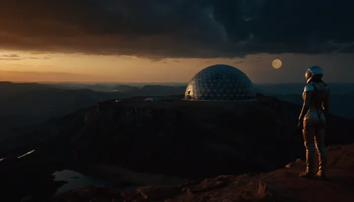View from the top of a high cliff on a desolate alien world with with two moons visible. A large futuristic, (((geodesic dome))), is visible below on the ground in the far distance. Standing near the edge of the cliff is a young woman in a skin-tight pressure suit. moon light, storm, outdoors, photography, masterpiece, <lora:XDetail_light:1.1>