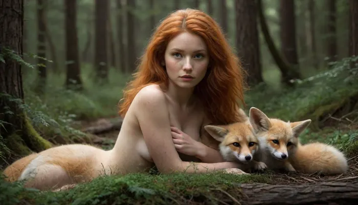 A young woman with long, flowing red hair and freckles gazes intensely at the viewer. She is in a dimly lit forest surrounded by trees, with soft, ethereal light filtering through the foliage. The woman full naked and she has a serene expression, (Nestled against her shoulder is a small, sleeping fennec fox:1.5), adding a whimsical touch to the composition. The background features blurred, dark green hues and hints of magical sparkles in the air, creating a mystical atmosphere. She is surrounded on all sides by big and small foxes. fr4z3tt4, ais-darkpartz, <lora:fr4z3tt4:.8>, <lora:Dark_Particles_Style_SDXL:.5>