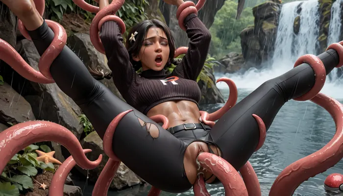 Adult woman, pokemon trainer, slender body, Medium breasts, Dark Black hair, Dark Brown skin, glowing Greeb eyes, Perfect eyes, Waterfall Braids, Team Rocket badge, wearing ripped black yoga pants, black belt, pokeball in hand, sexy pose, revealing white Thong, ripped black crop-sweater, entering cave, green tentacles grabbing arms and legs, tentacles fucking vagina, pussy penetration, arms bound above head by tentacles, tentacles around breasts, tentacles around waist, tentacle in ass, double penetration, cum in pussy, cum on breasts, cum on hair, raining, wet clothes, wet hair, wet glistening body, xray vision inside vagina, (((ripped black Crop-Sweater:1.3))), (((raining:1.2))), (((ripped black Yoga pants:1.2))), (((Moaning:1.6))), (((Brown Skin:1.5))), sinister expression, Above view, lifted into air like a starfish, tentacles, <lora:MS_Real_XL_Tentacles:.8>
