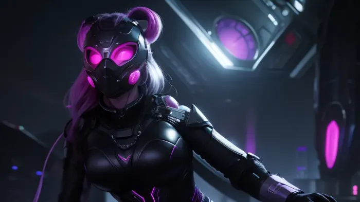 A adult beautiful woman wearing a futuristic-looking mask with pink and purple lights. The mask has a visor that covers her eyes and glows purple. The woman is standing in front of a cityscape with neon lights in the background. She is wearing a silver metal bra and has multiple necklaces and bracelets around her neck. Her hair is styled in loose waves and she is looking off to the side with a serious expression on her face. The overall mood of the image is dark and mysterious, detailed, realistic, night vision, soft fokus, parallax, overexposure, illustration, (she kneels), #©KITTYART



































#©KITTYART