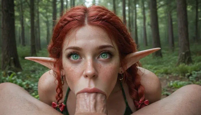 (hyper sexy elf girl with amazing and majestic body), (super white skin with a lots of freckles), (very long elf ears), (big vibrant green eyes), (wide mouth), (long braided red hair), (leather bikini), (wooden bow in the back), ((huge dick deepthroat pov)), (in fantastic forest)