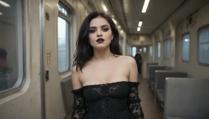 Gothic emo girl, 20 years, black hair, black lipstick, white skin, siting in train, medium natural tits, black gothics dress, naked tits, orgasmic look, <lora:nsfw-xl-2.0:.8>, <lora:NaturalBodyV2.0:.8>